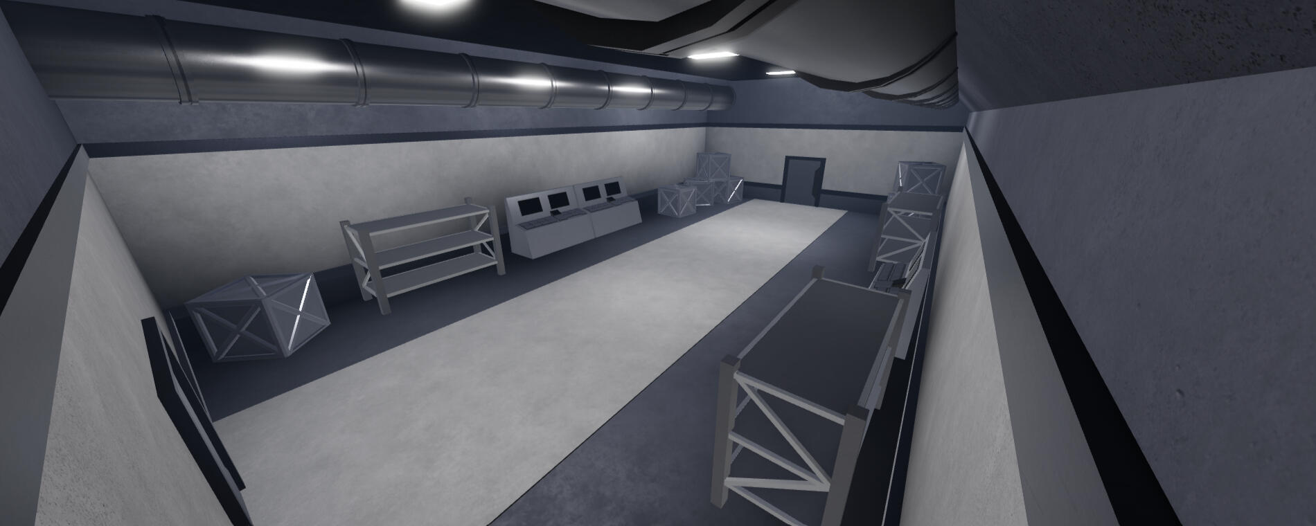 A facility room with control panels, metal crates, pipes and etc.
