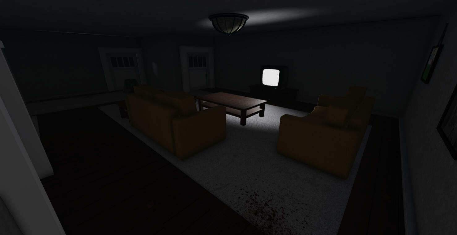 Living room with blood splatter and a TV showing a white screen