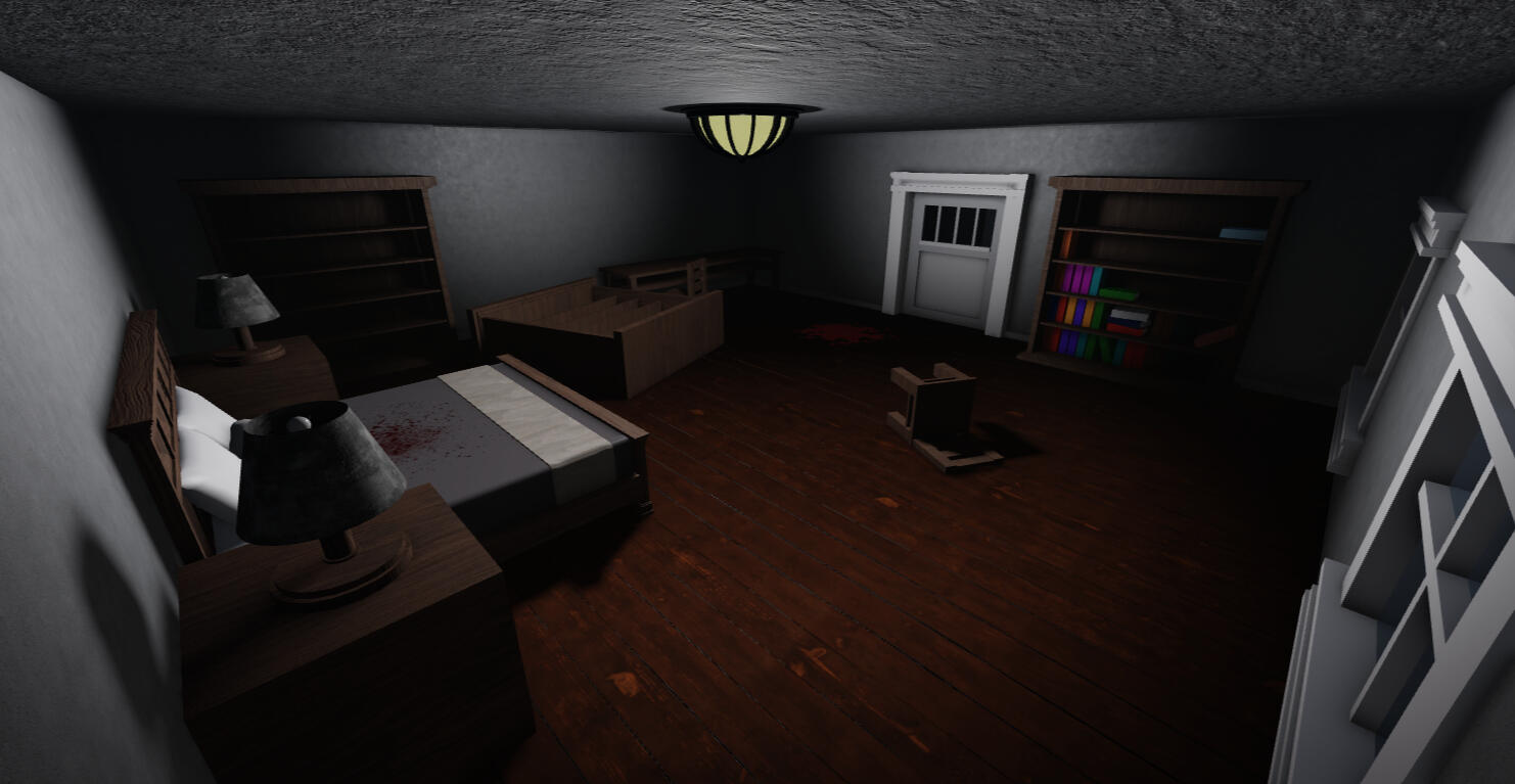 Heavily disturbed Bedroom with blood splatters and a pool of blood