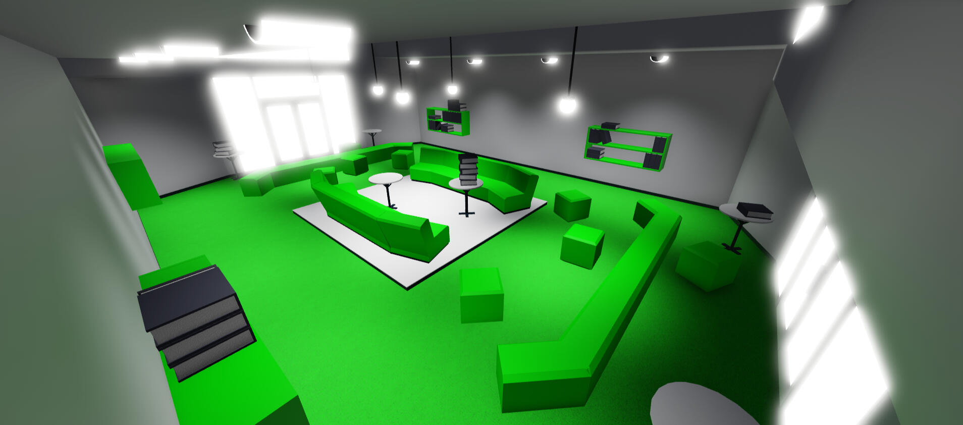 A playful green room with books.