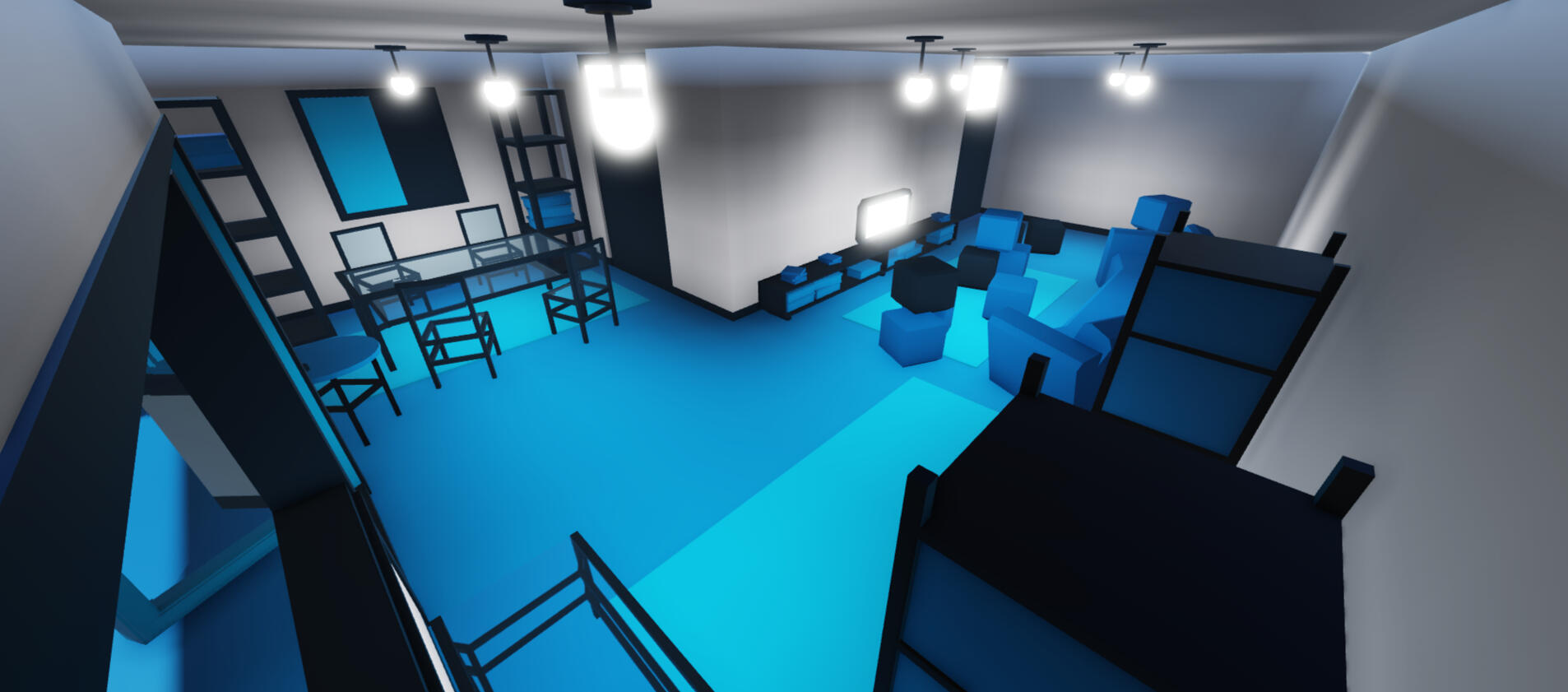 A Blue-themed apartment room.